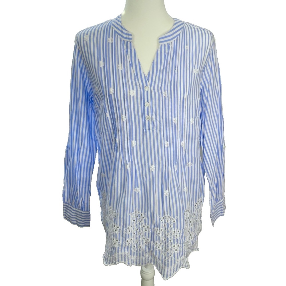 American Sweetheart‎ Women Eyelet Top Blouse Shirt Size M Blue Striped Pintuck
